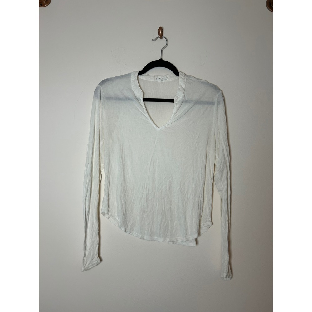 Bella Dahl White V Neck‎ Long Sleeve Ribbed Knit Casual Top Womens Size S